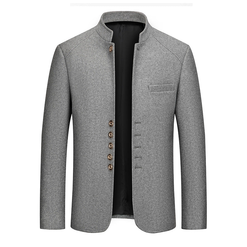 Manteau en laine pour hommes automne et hiver, décontracté, coupe slim, col droit style Zhongshan, manteau en laine uni pour hommes