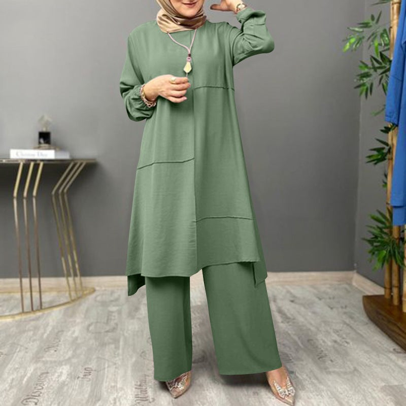 Chemisier à manches bouffantes pour femmes et pantalon à jambes larges