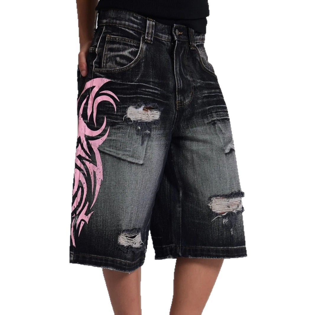 Pantalon en jean à jambes larges imprimé rétro