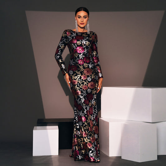Robe de soirée élégante à manches longues en sequins