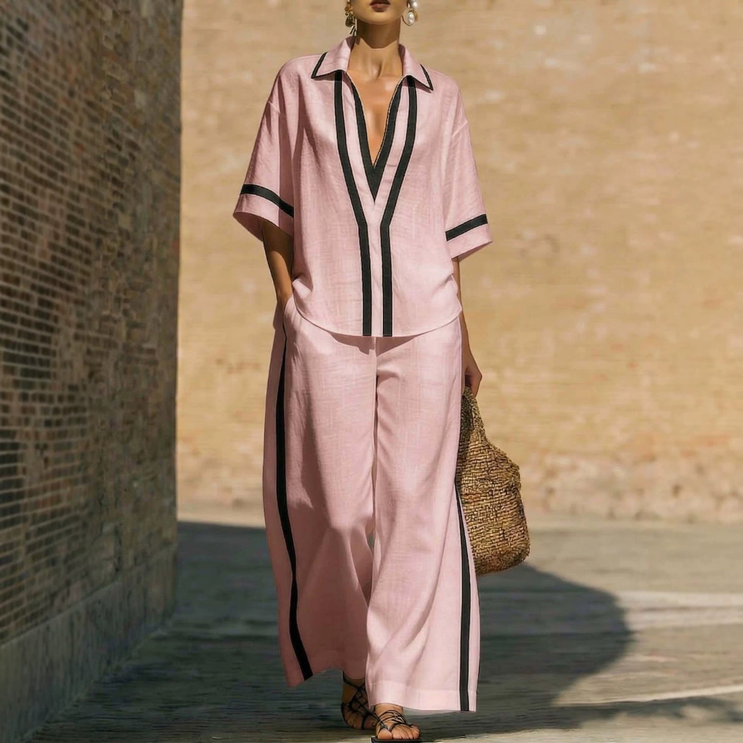 Ensemble chemise collage décontractée et pantalon à jambes larges