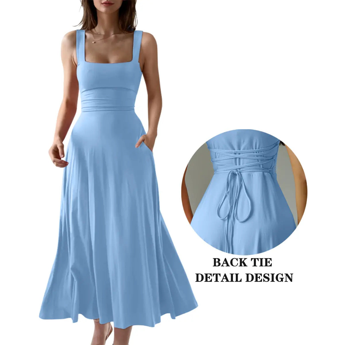 Robe longue élégante à bretelles épaisses et col carré