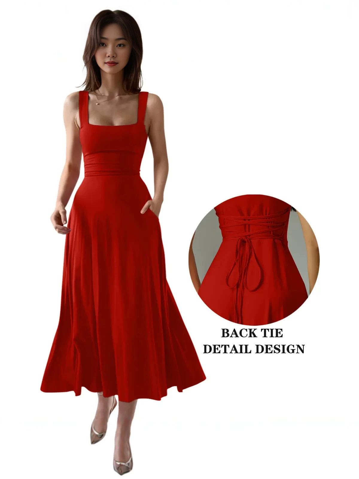 Robe longue élégante à bretelles épaisses et col carré