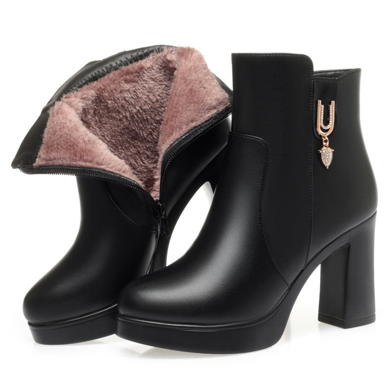 Bottes d'hiver à talons épais pour femmes avec doublure en peluche