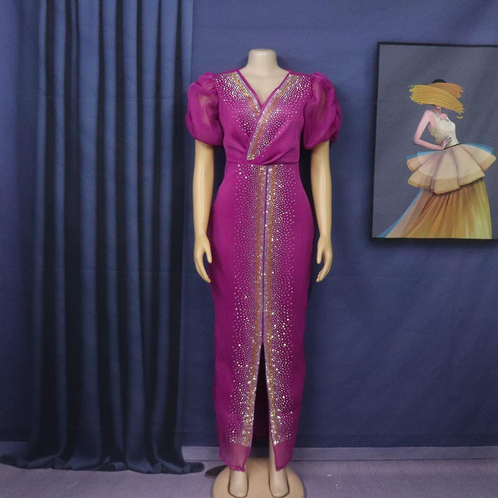 Habit :Robe à manches bouffantes en maille et strass pour femme