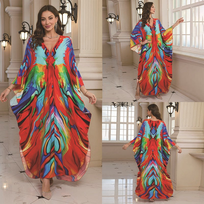 Robe longue de plage imprimée en coton pour femme, robe longue ample, paréo, vêtement de protection solaire