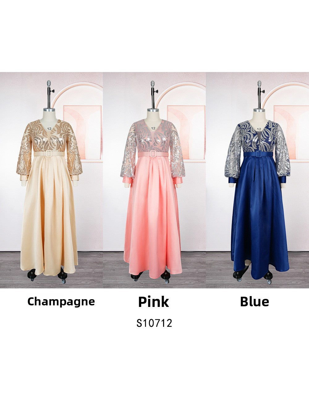 Habit :Robe longue grande taille pour femme, ornée de sequins et de dentelle, col en V.