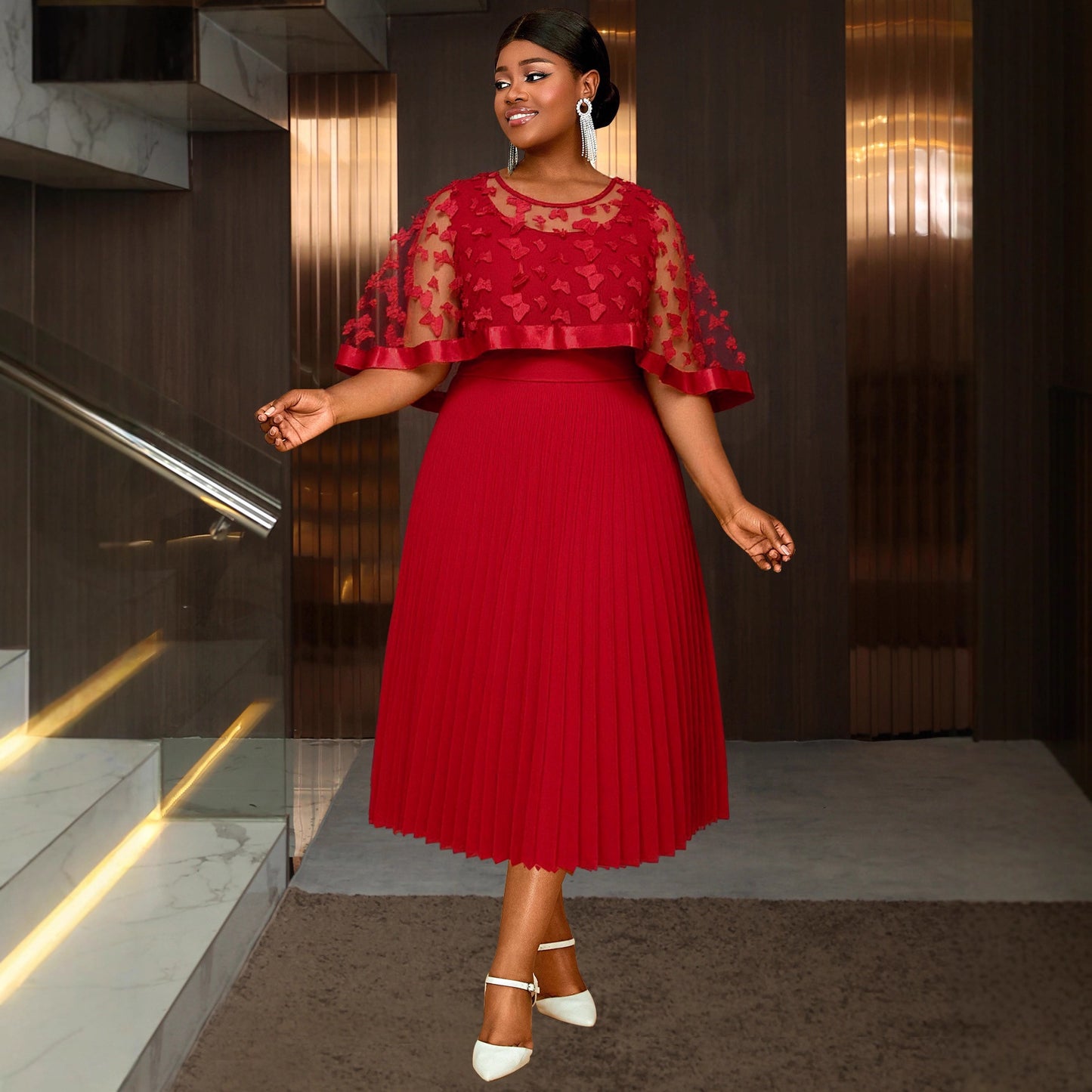 Robe  grande taille en tulle avec nœud et châle