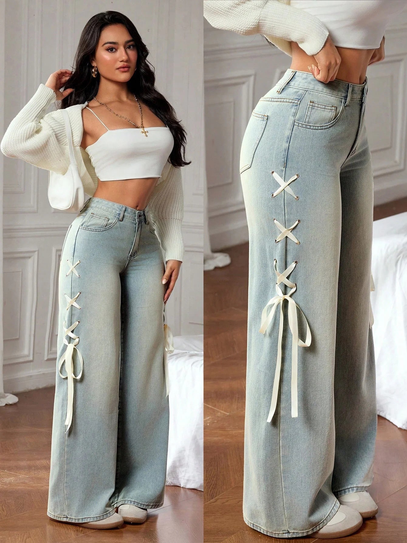 Jean denim large pour femmes avec ruban sur le côté