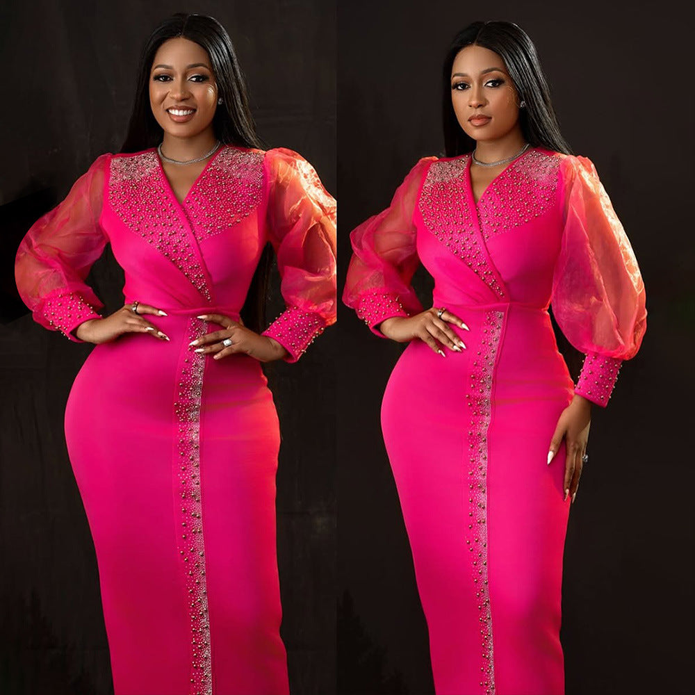 Robe moulante à manches bouffantes en losanges pour femme