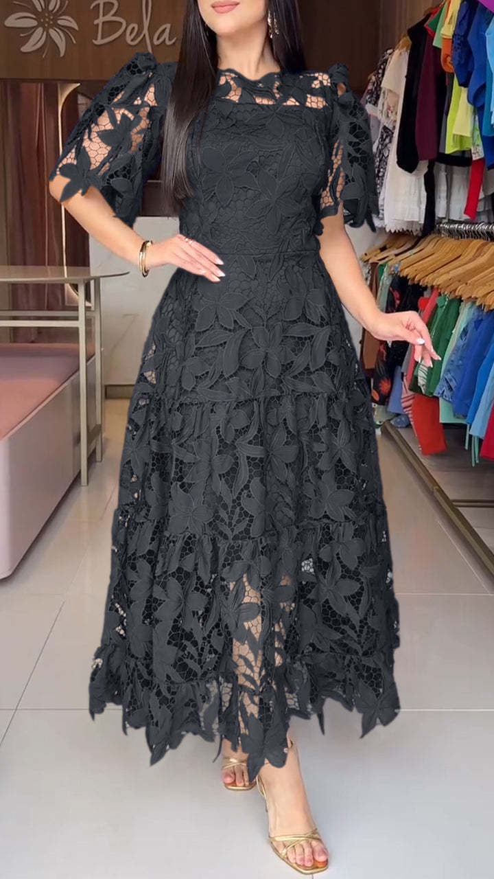 Robe d'été à dentelle ajourée, col rond, taille mi-haute
