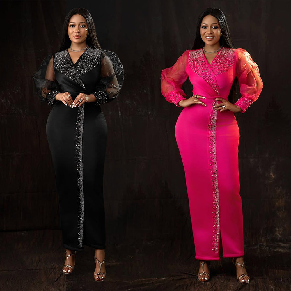 Robe moulante à manches bouffantes en losanges pour femme