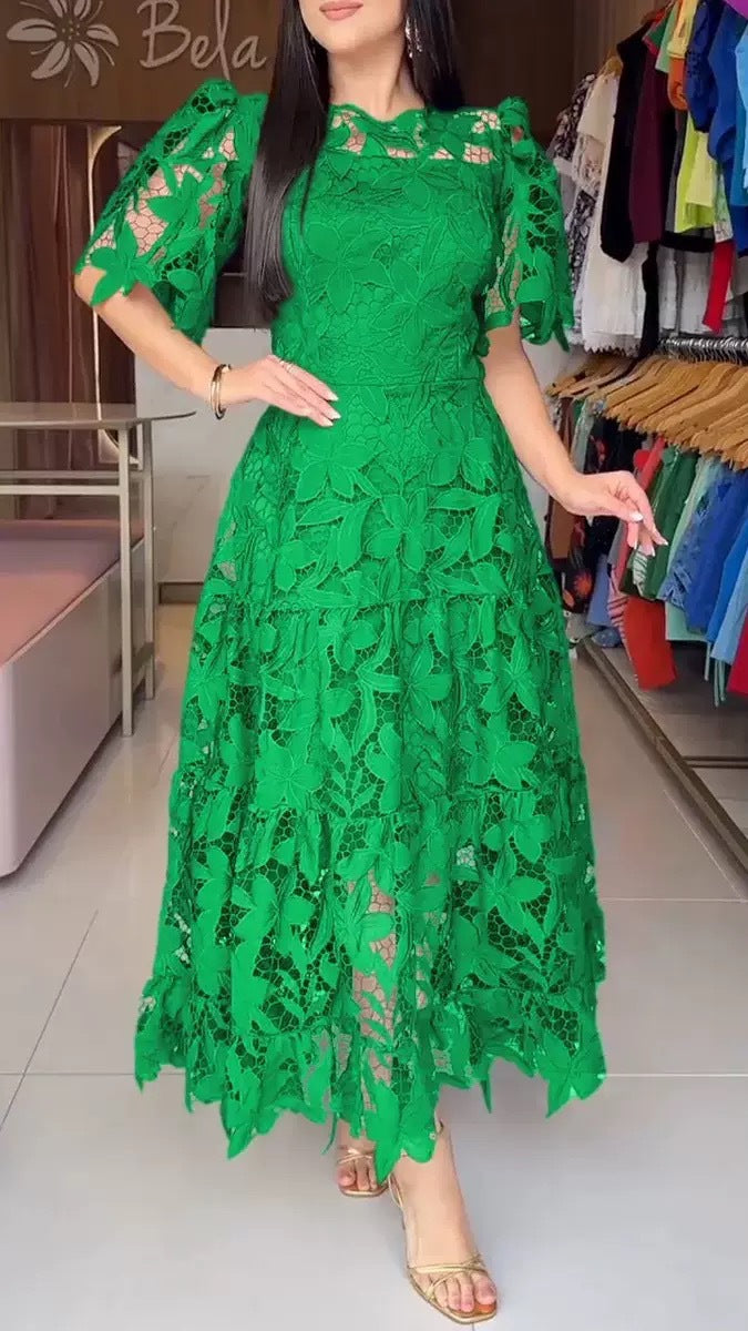 Robe d'été à dentelle ajourée, col rond, taille mi-haute