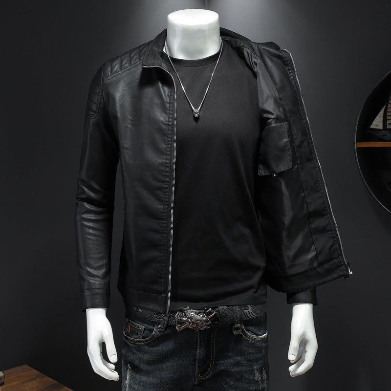 Veste en cuir PU pour homme, coupe slim, col montant, manteau zippé