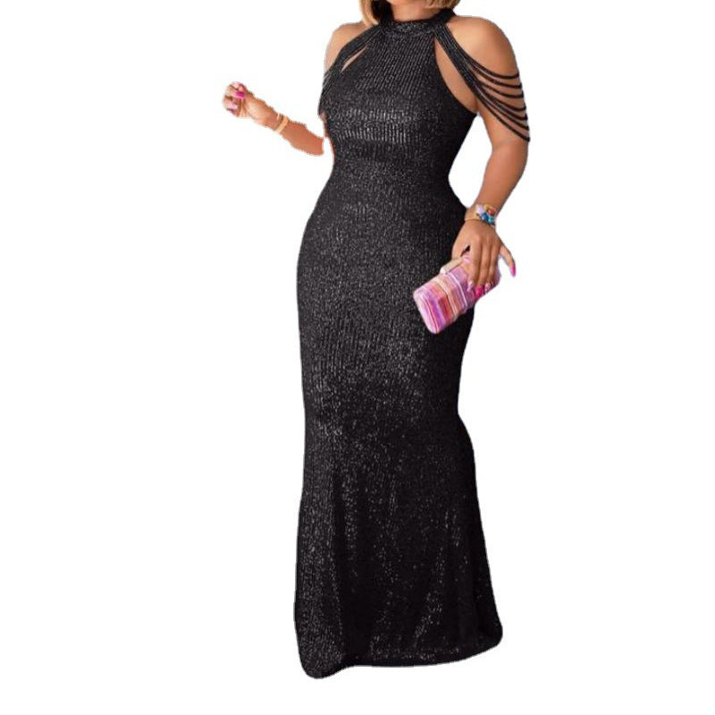 Habit :Robe moulante à sequins sans manches à col rond, robe longue pour femme