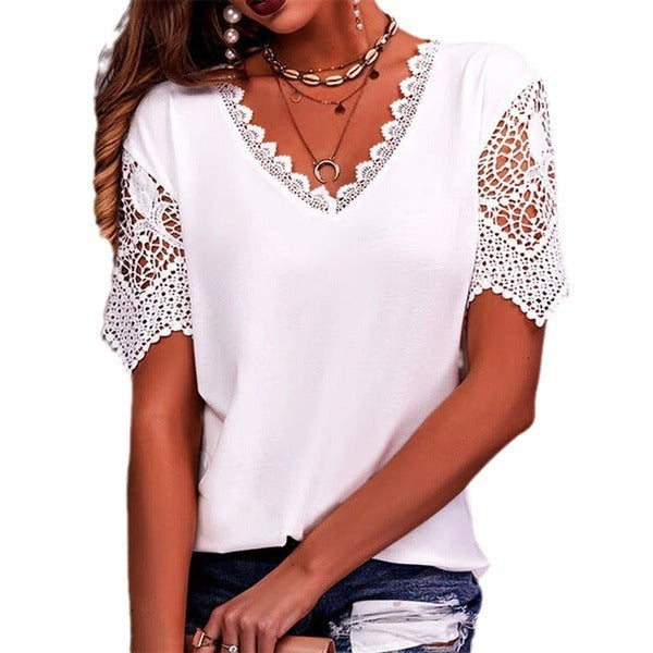 T-shirt pour femmes à col en V avec bordure en dentelle et manches courtes