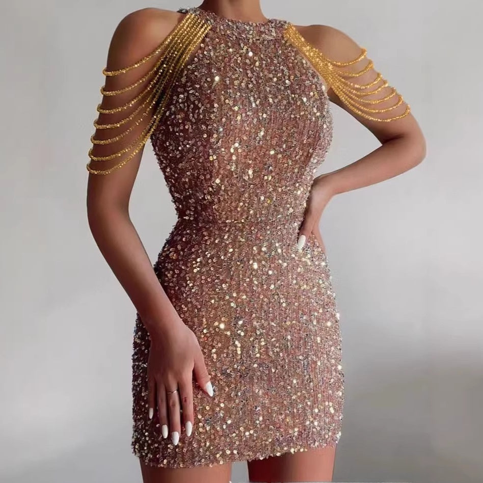 Habit :Robe de soirée moulante sexy à sequins, col licou et chaîne en cristal, taille mi-haute