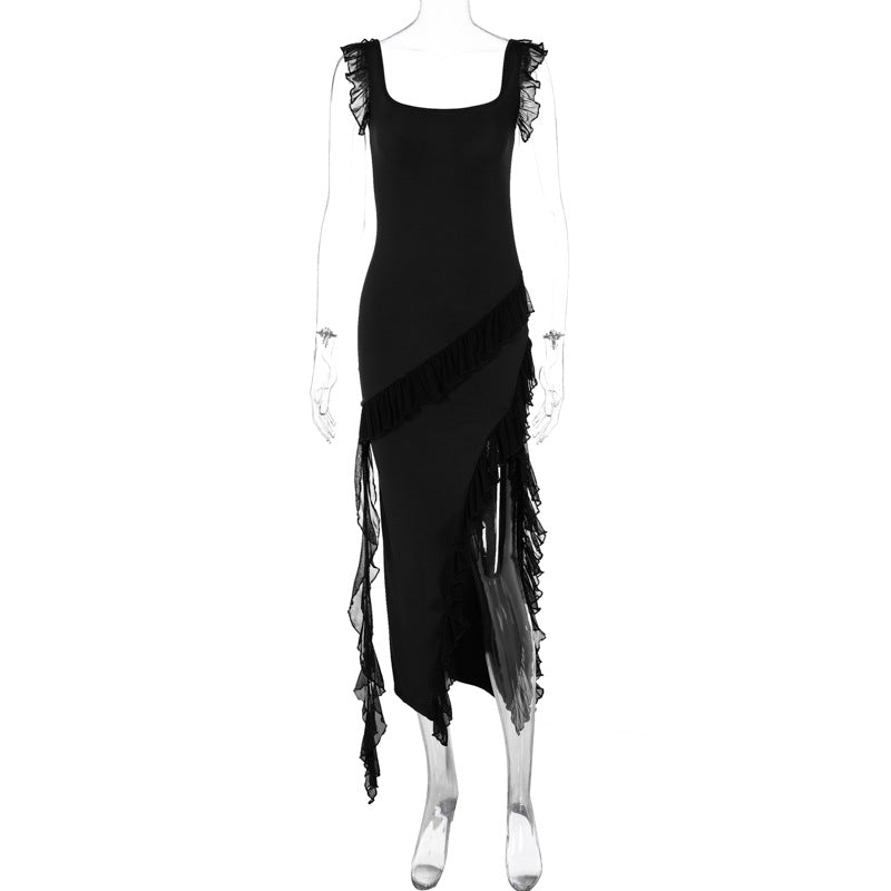 Robe longue fendue à volants sans manches
