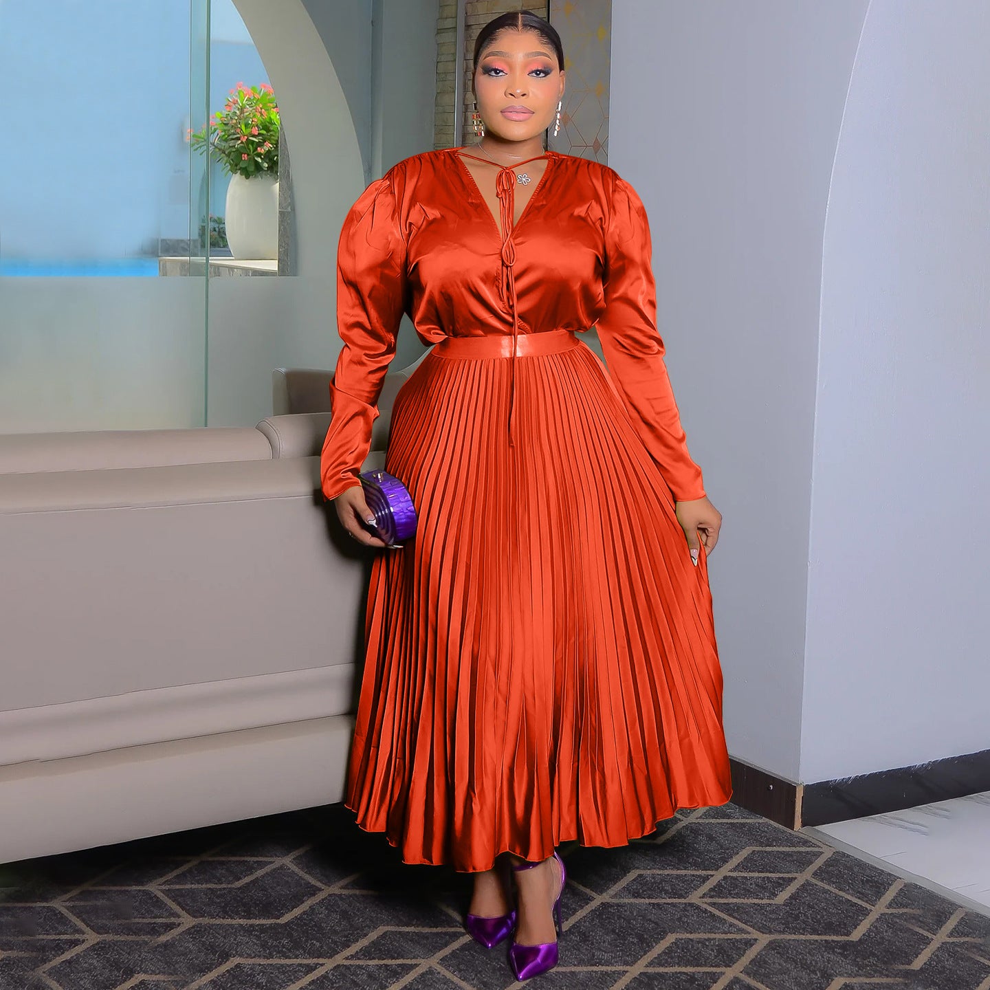 Habit :Ensemble jupe plissée à manches longues pour femme grande taille avec détails lacés