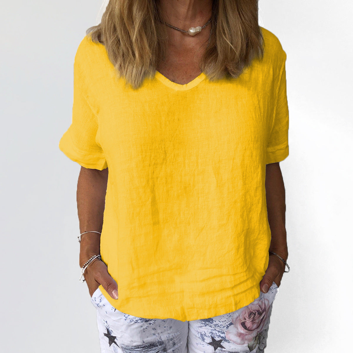 Chemise courte à manches en coton et lin imprimé