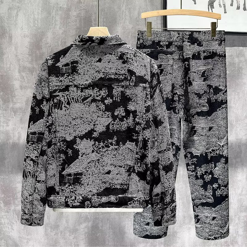 Veste de travail en jean jacquard rétro pour hommes, coupe slim