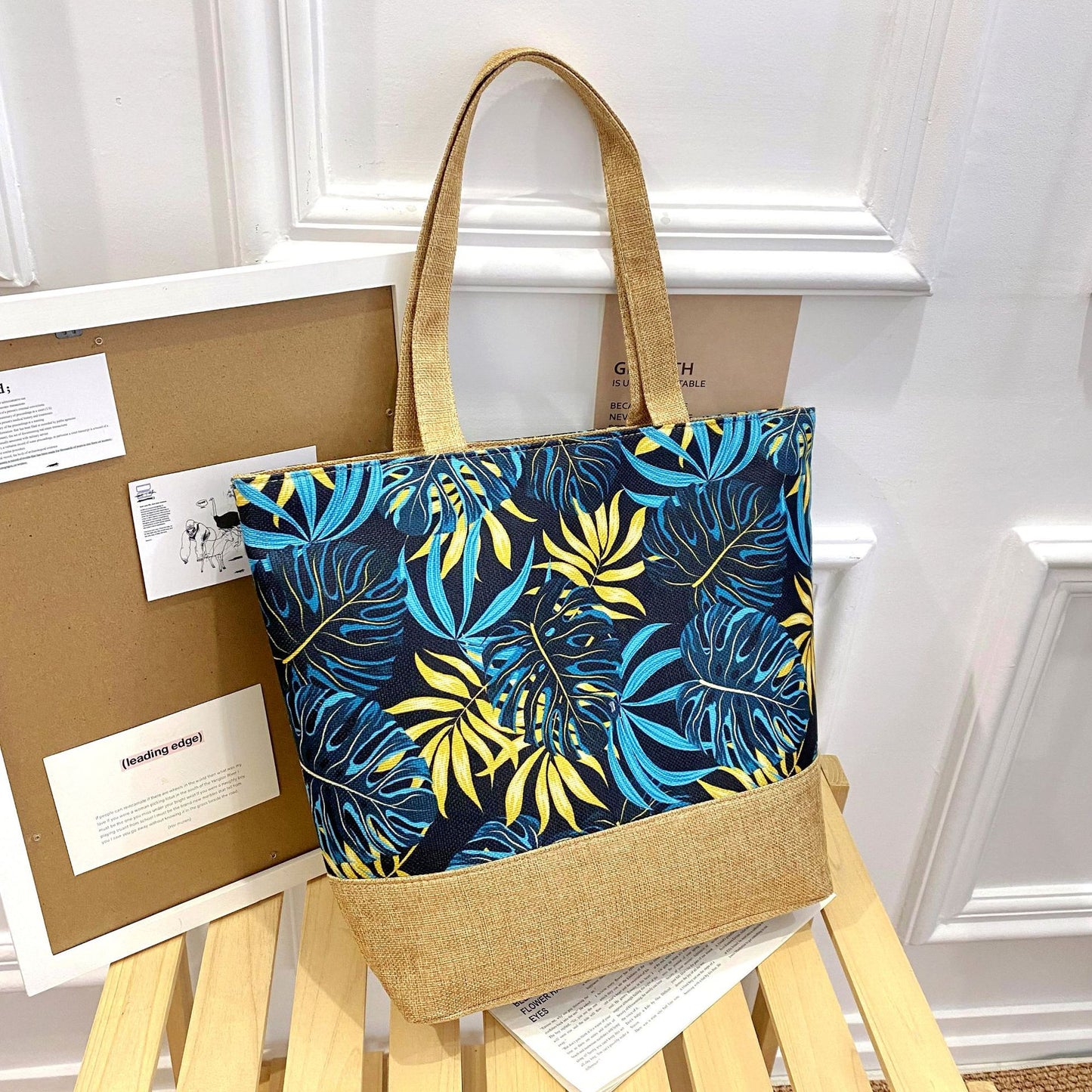 Sac fourre-tout artistique en coton et lin avec fermeture éclair