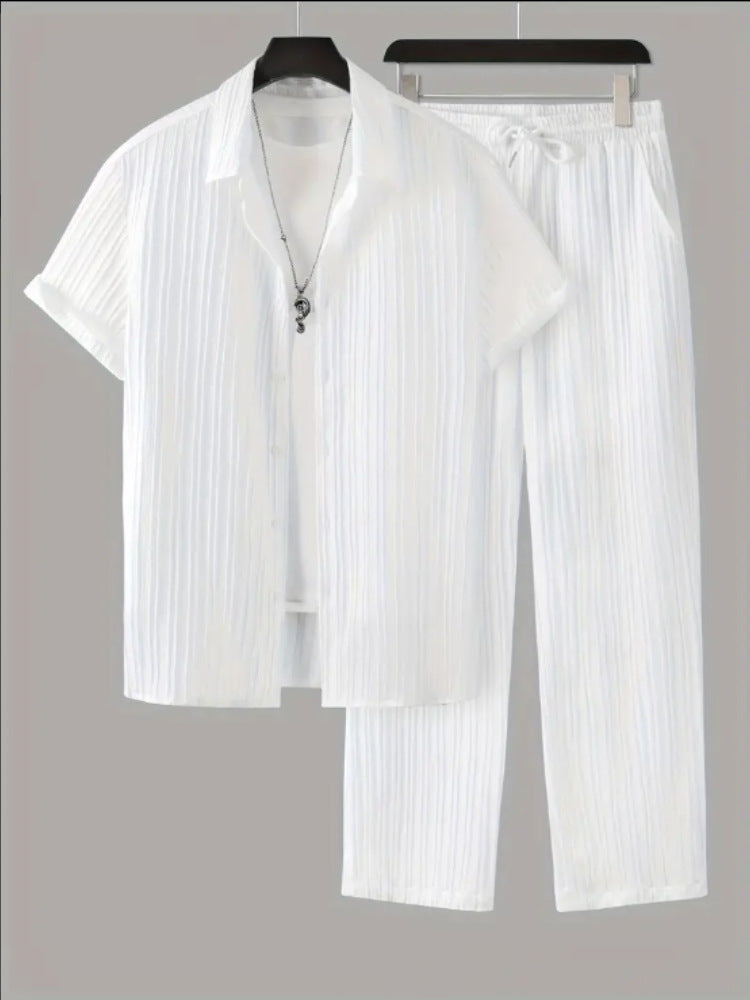 Chemise à manches courtes rayée pour hommes et pantalon ensemble décontracté