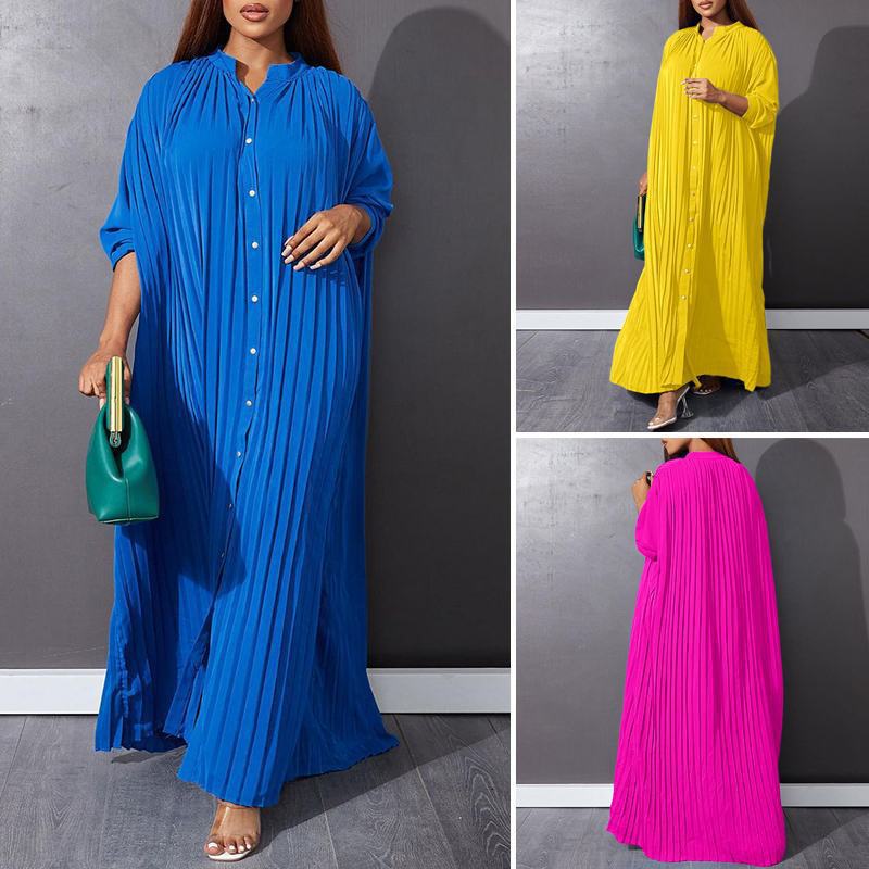 Robe chemise décontractée à manches longues plissée unie boutonnée