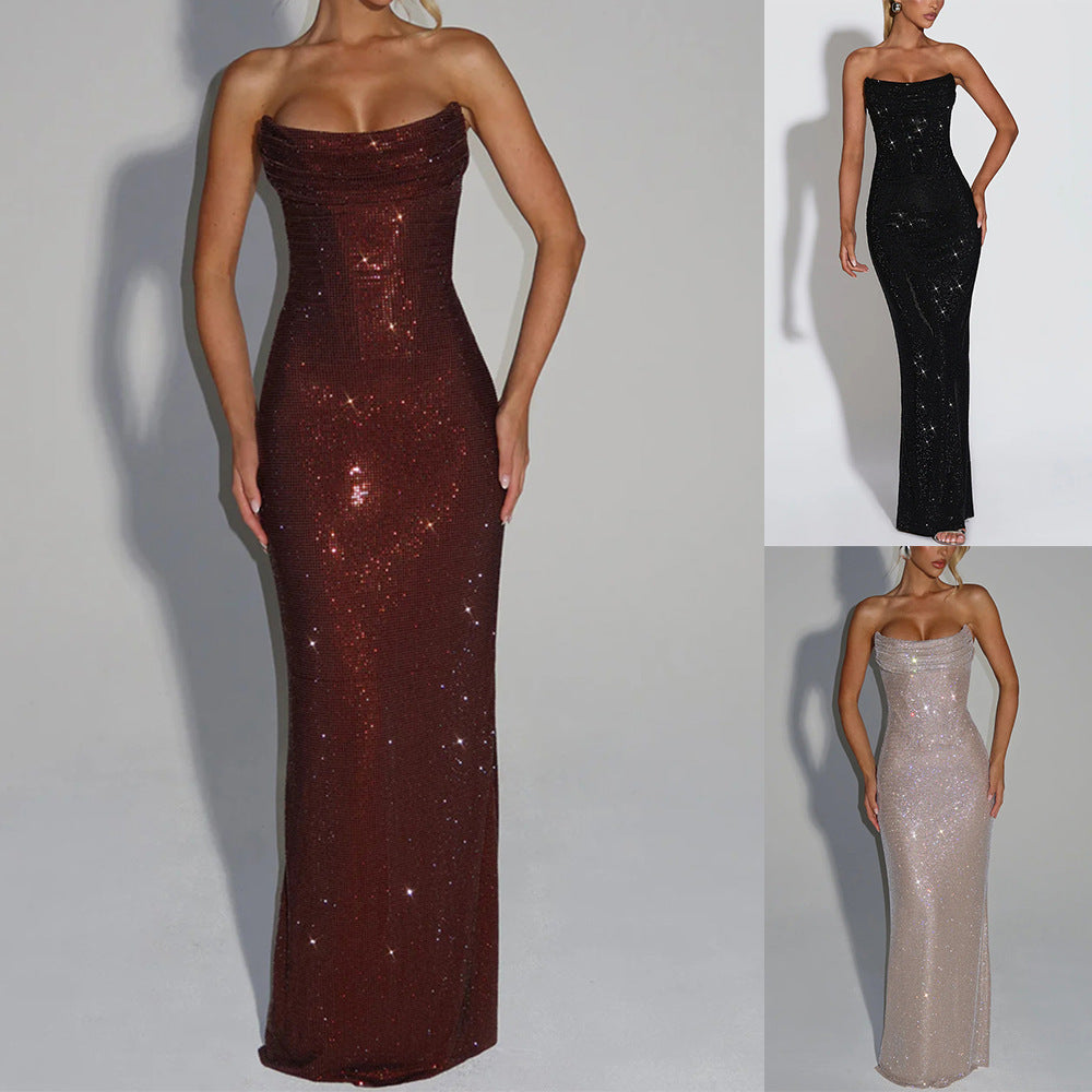 Robe de soirée élégante sans manches ornée de sequins