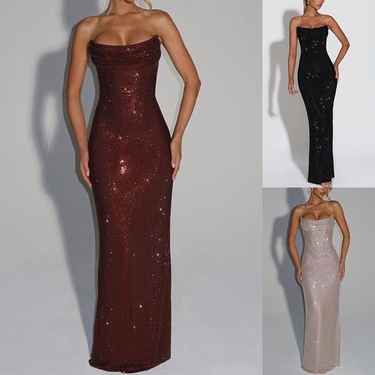 Robe de soirée élégante sans manches ornée de sequins