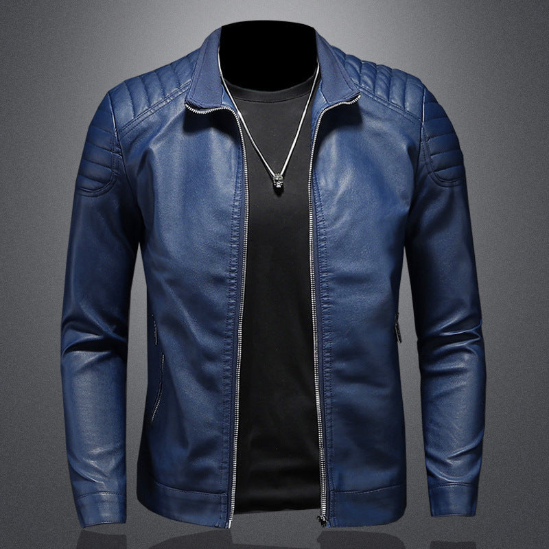 Veste en cuir PU pour homme, coupe slim, col montant, manteau zippé