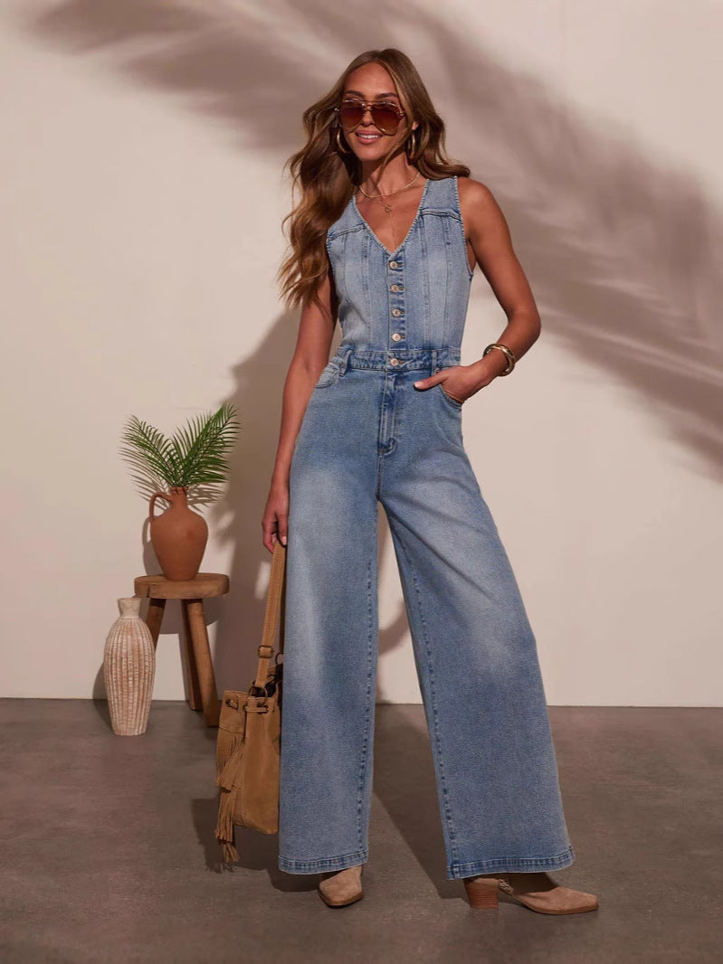 Combinaison en jean pour femmes, sans manches, col en V
