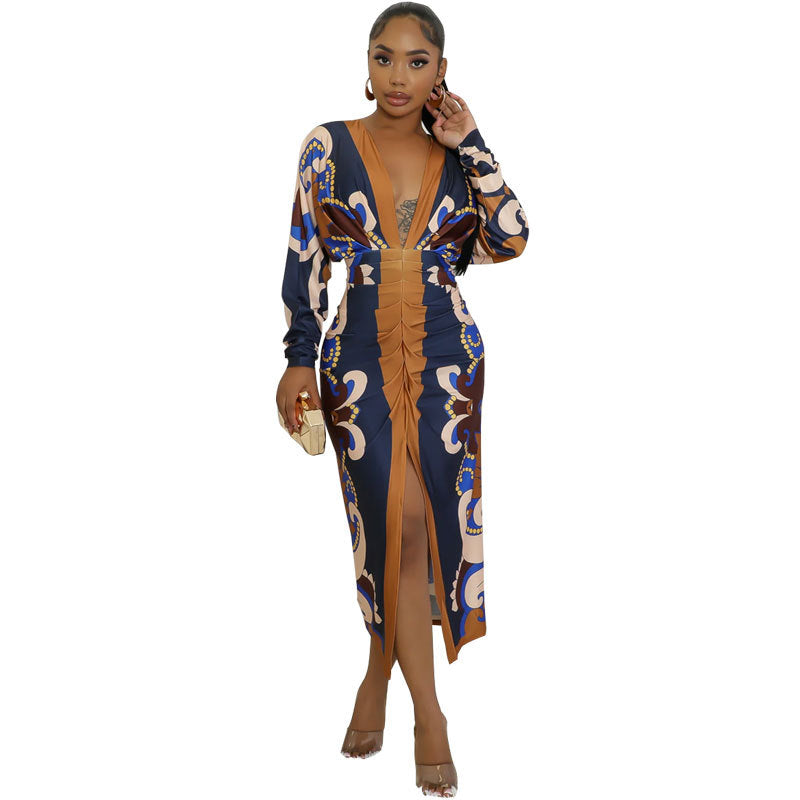 Robe imprimée à manches longues et décolleté en V profond pour femme