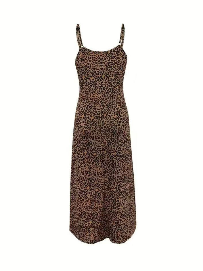 Robe longue sans manches à col en V et imprimé léopard pour femme
