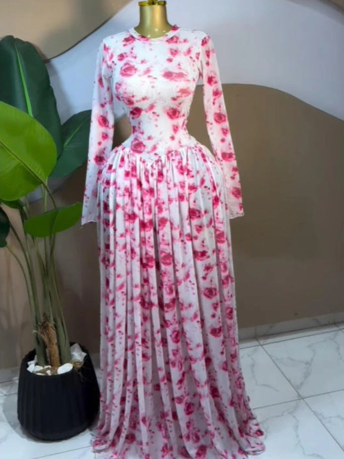Robe longue plissée en maille imprimée pour femmes