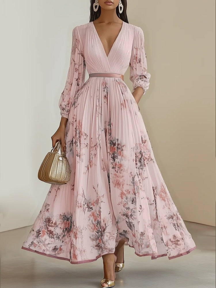 Robe longue à manches longues pour femmes avec col en V et plis